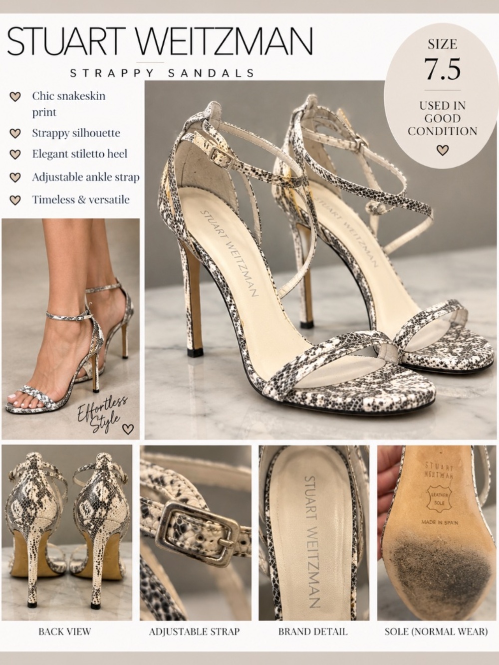 Stuart Weitzman Snakeskin Print Strappy Heels – Size 7.5